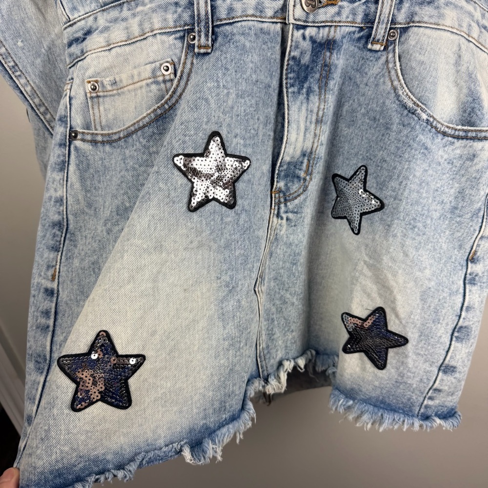 NWT Buddy Love RAELYNN DENIM Blue MINI DRESS Sequin Stars Rodeo Festival Large - Picture 4 of 14